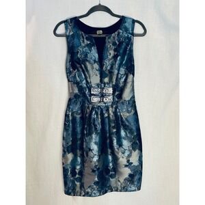 Eva Franco Blue Silver Floral Brocade Rhinestone Buckle Cocktail Dress Size 4